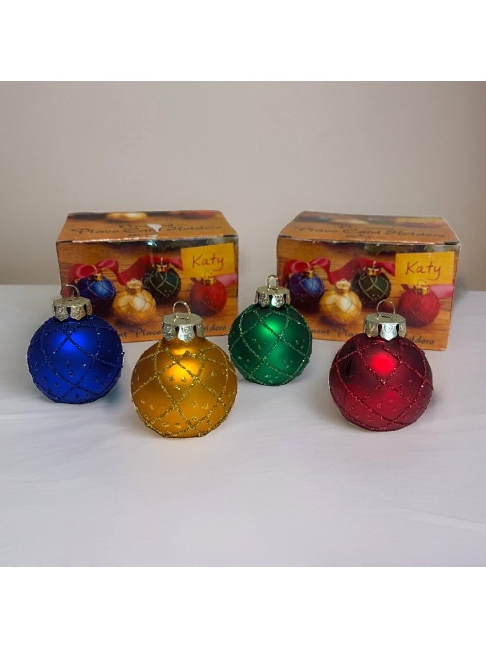 Christmas Ornament Place Card Holders Glitter Red/Green/Blue/Gold 2 boxes Set 8